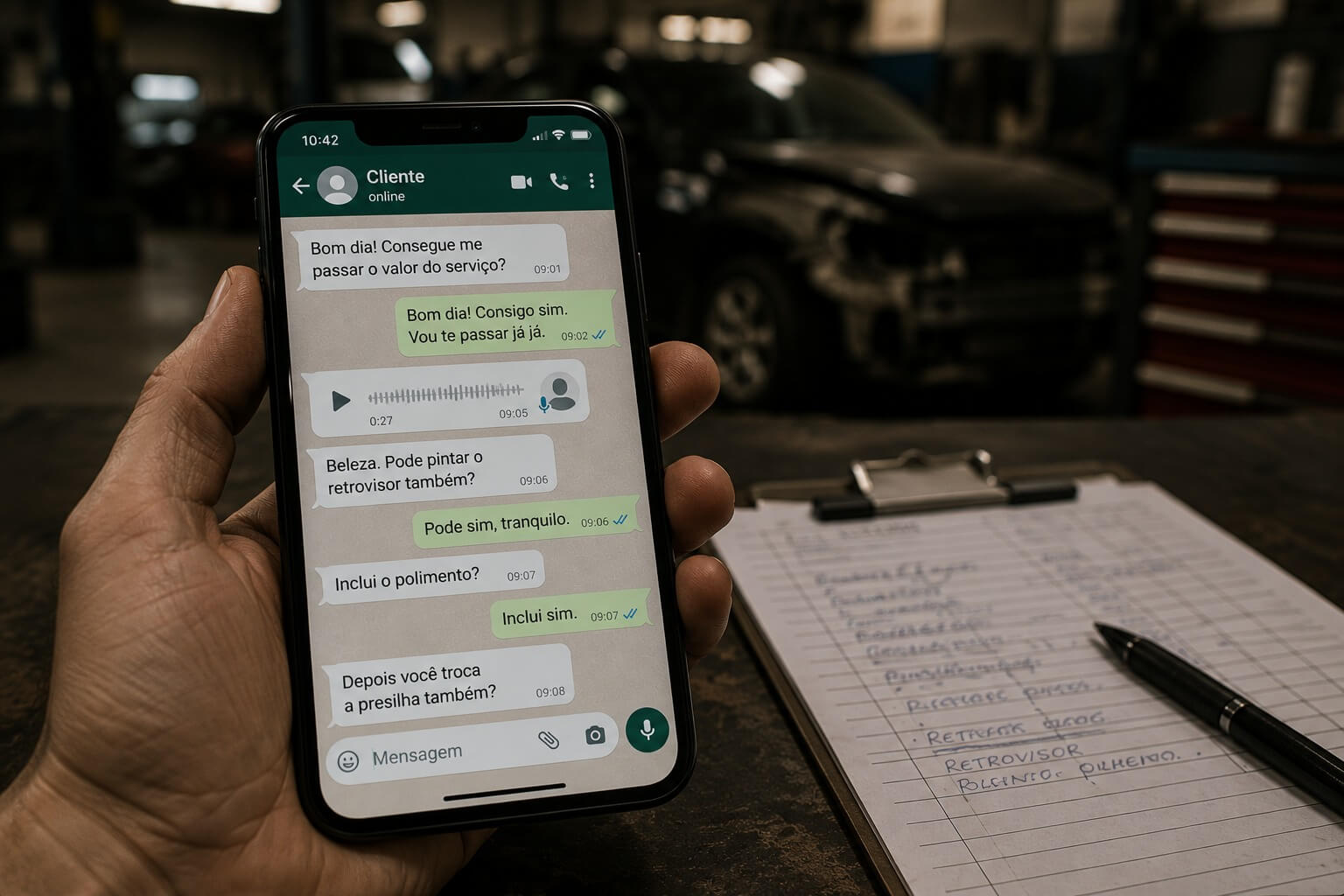 Celular com conversa de orçamento e lista de serviços em papel sobre a bancada da oficina.