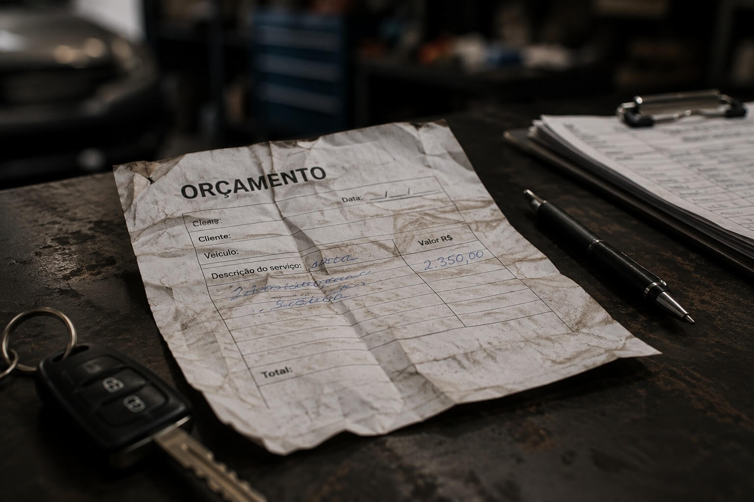 Orçamento de funilaria em papel amassado sobre a bancada da oficina, sem registro digital do valor combinado.
