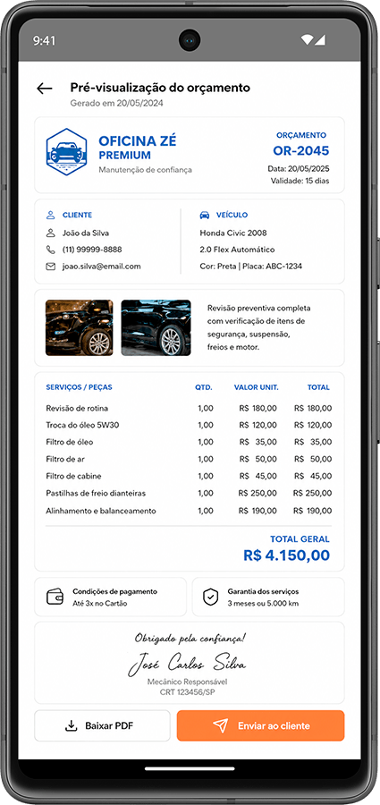Orçamento de funilaria e pintura em PDF organizado no celular pelo sistema.