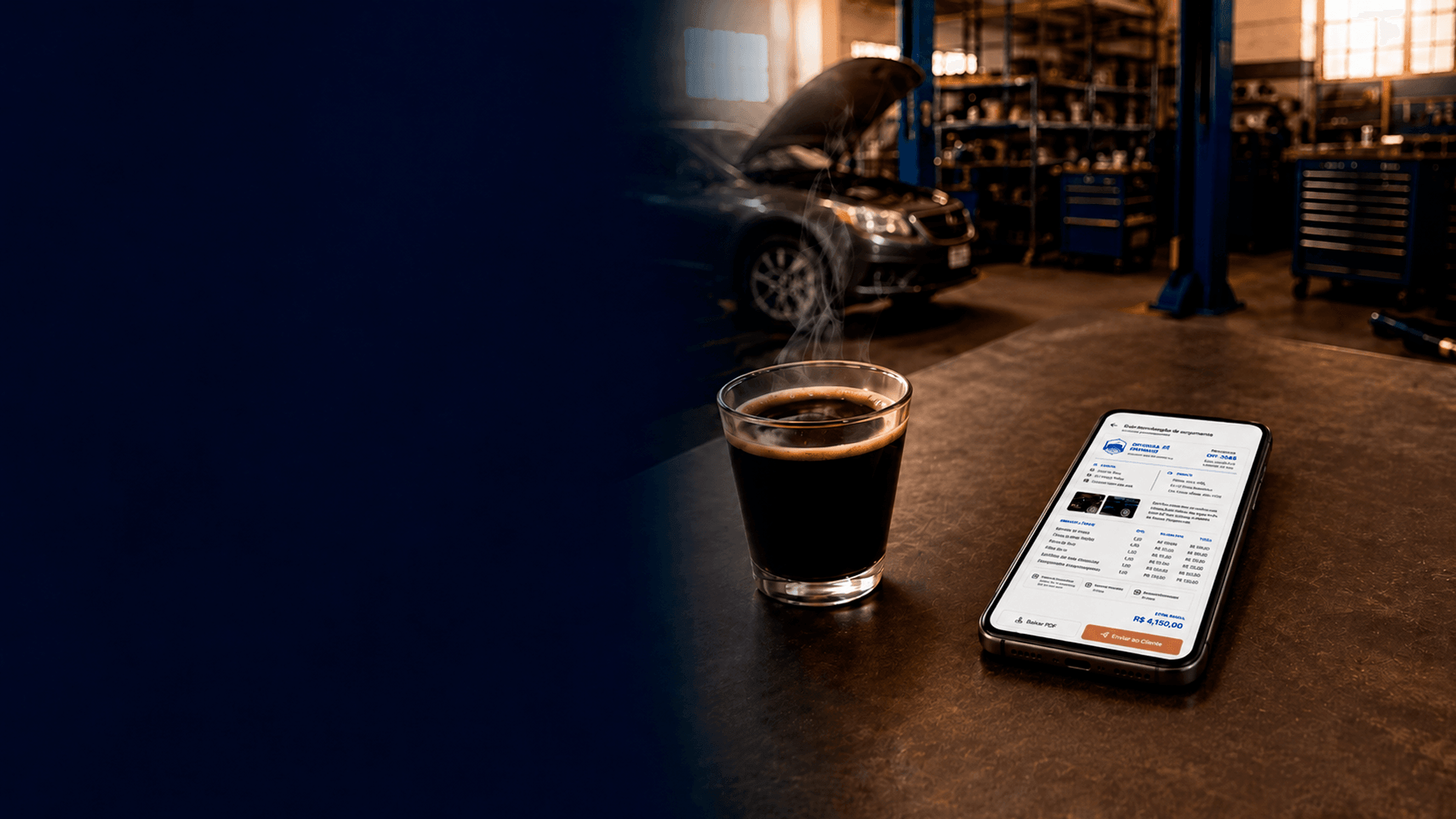 Oficina de funilaria com café e celular exibindo um orçamento digital do sistema de gestão.